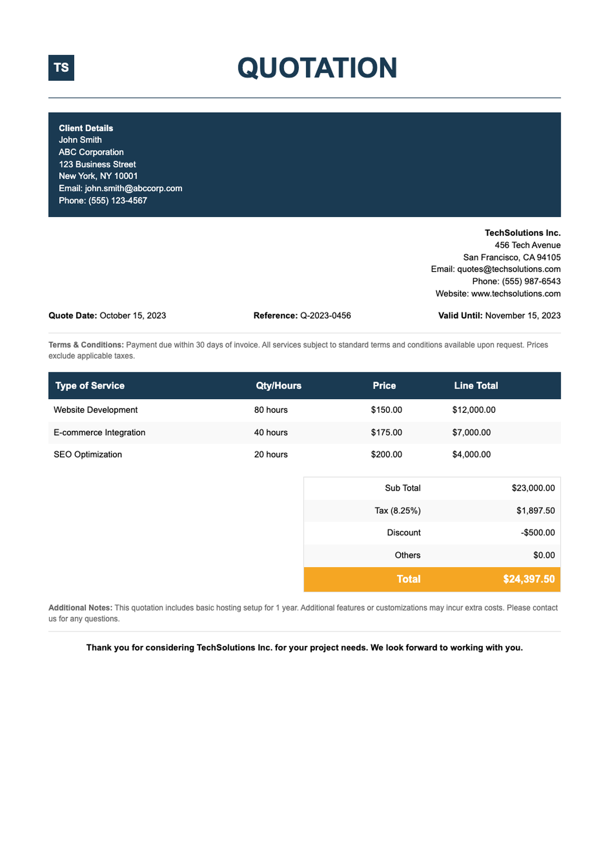 Professional quotation template with blue header and event details_variant_3